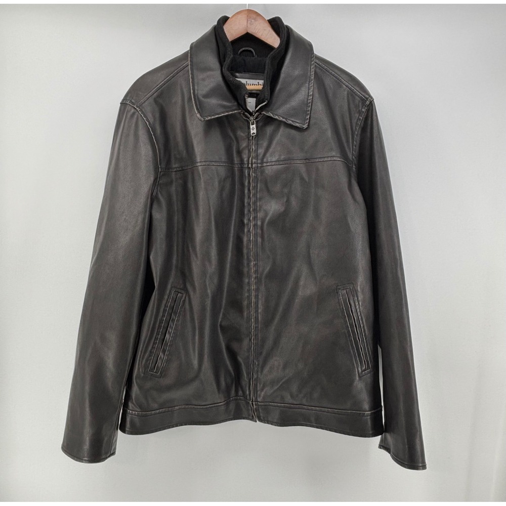 Columbia Sportswear Faux Leather Jacket Men's L Brown Full Zip Fleece Lined
